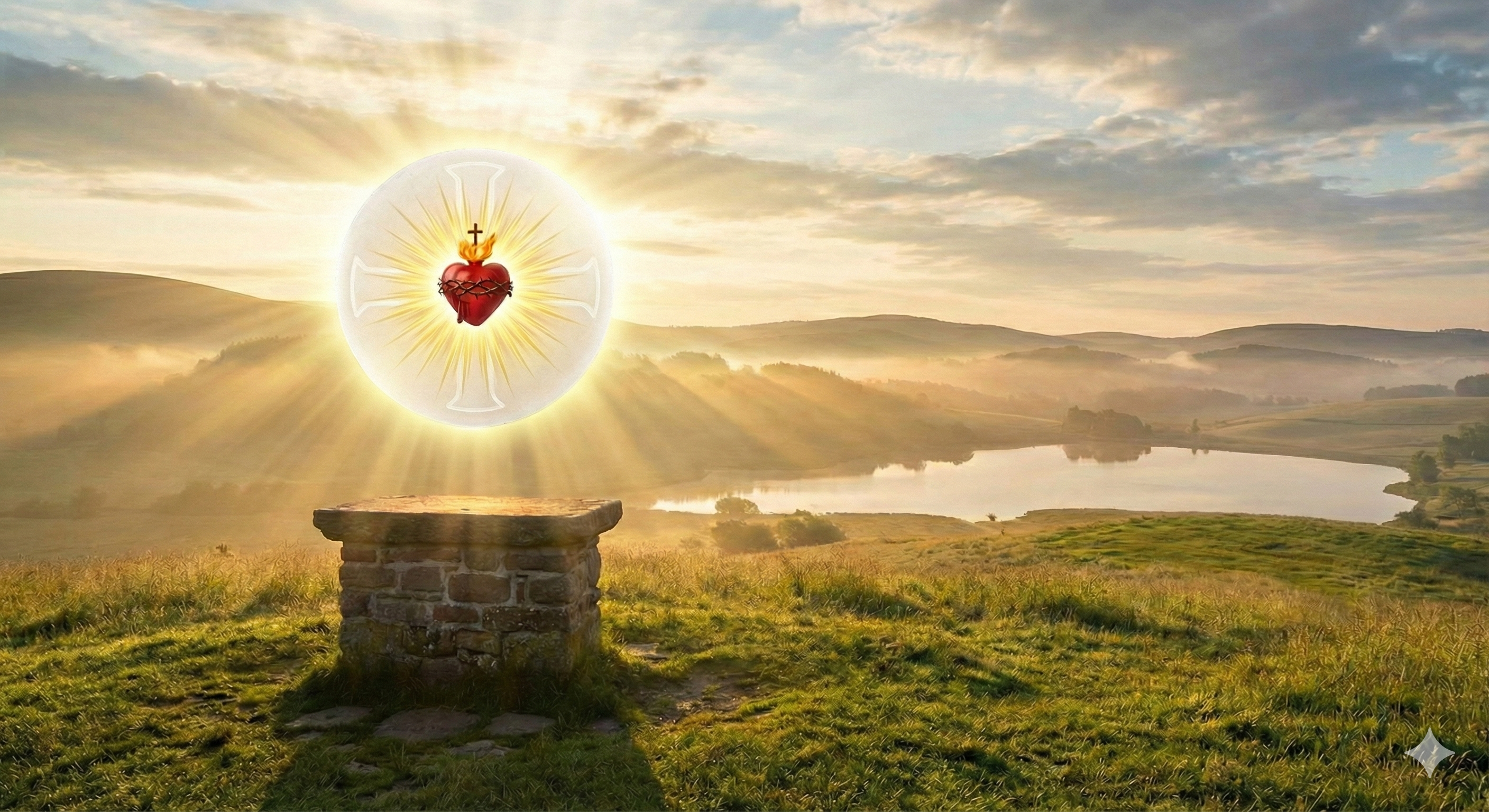 Sacred Heart with rays of light over landscape